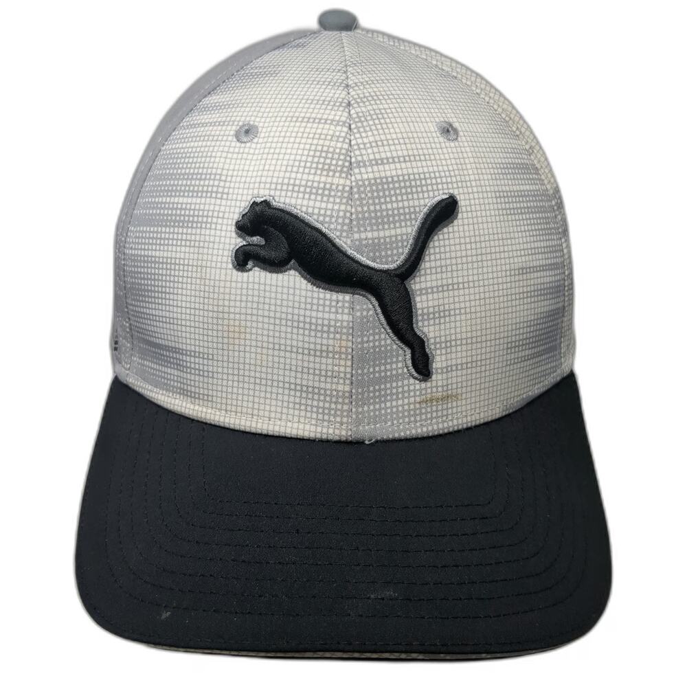 Puma Snapback Hat Gray One Size Cat Logo Grid Pattern Performance Golf Cap Black